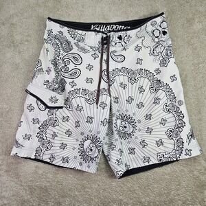 Vintage Billabong Board Shorts 38 White Bandana Swim Trunks Y2K Baggy Skull